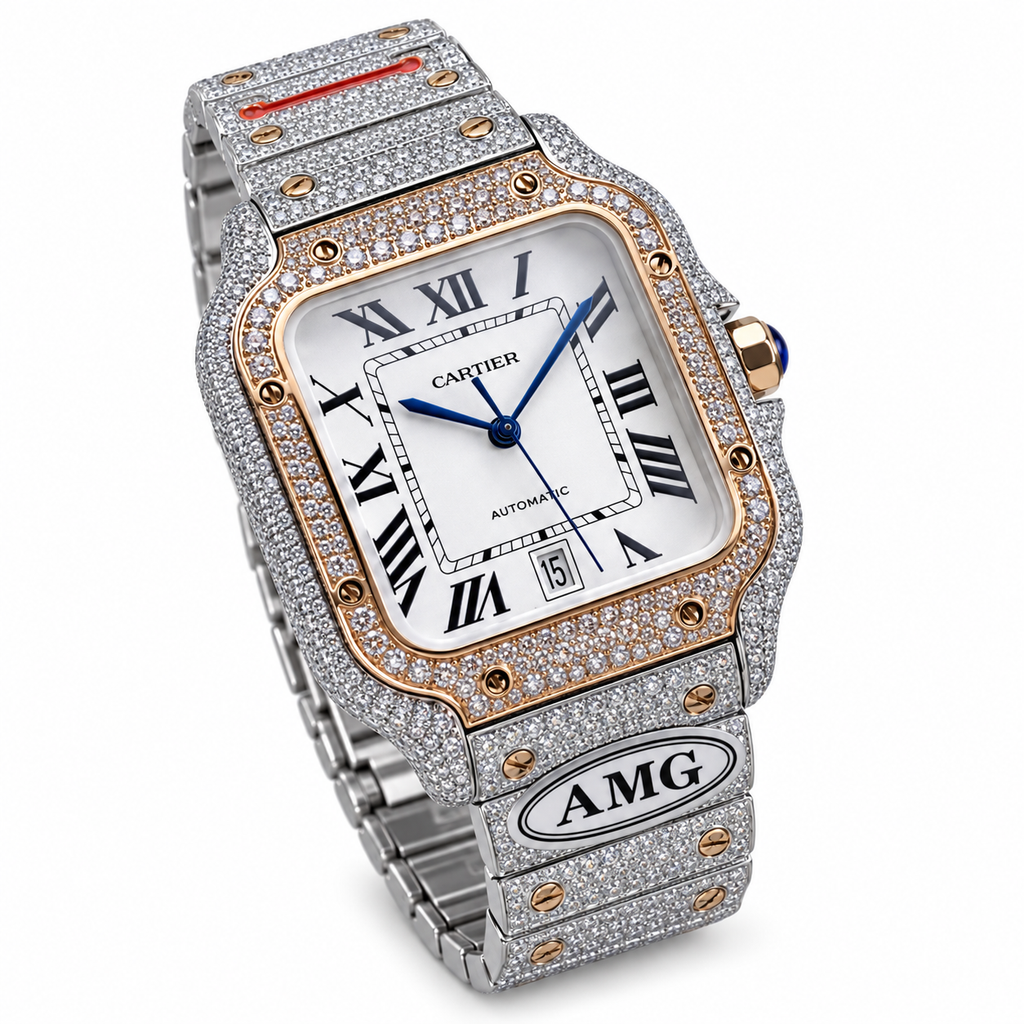 Cartier Santos Large Custom Iced Out — Two-Tone, Full Diamond Pavé, White Dial, Date, Automatic