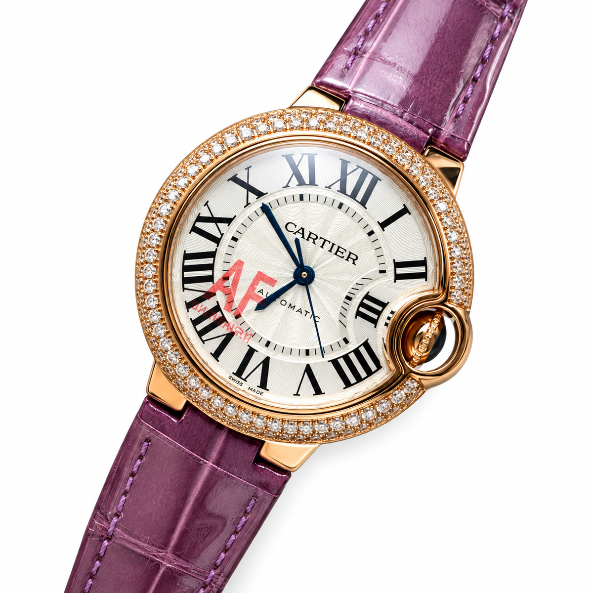 Cartier Ballon Bleu 33mm — 18K Rose Gold, Diamond Bezel, Silver Dial & Purple Alligator Strap, Automatic