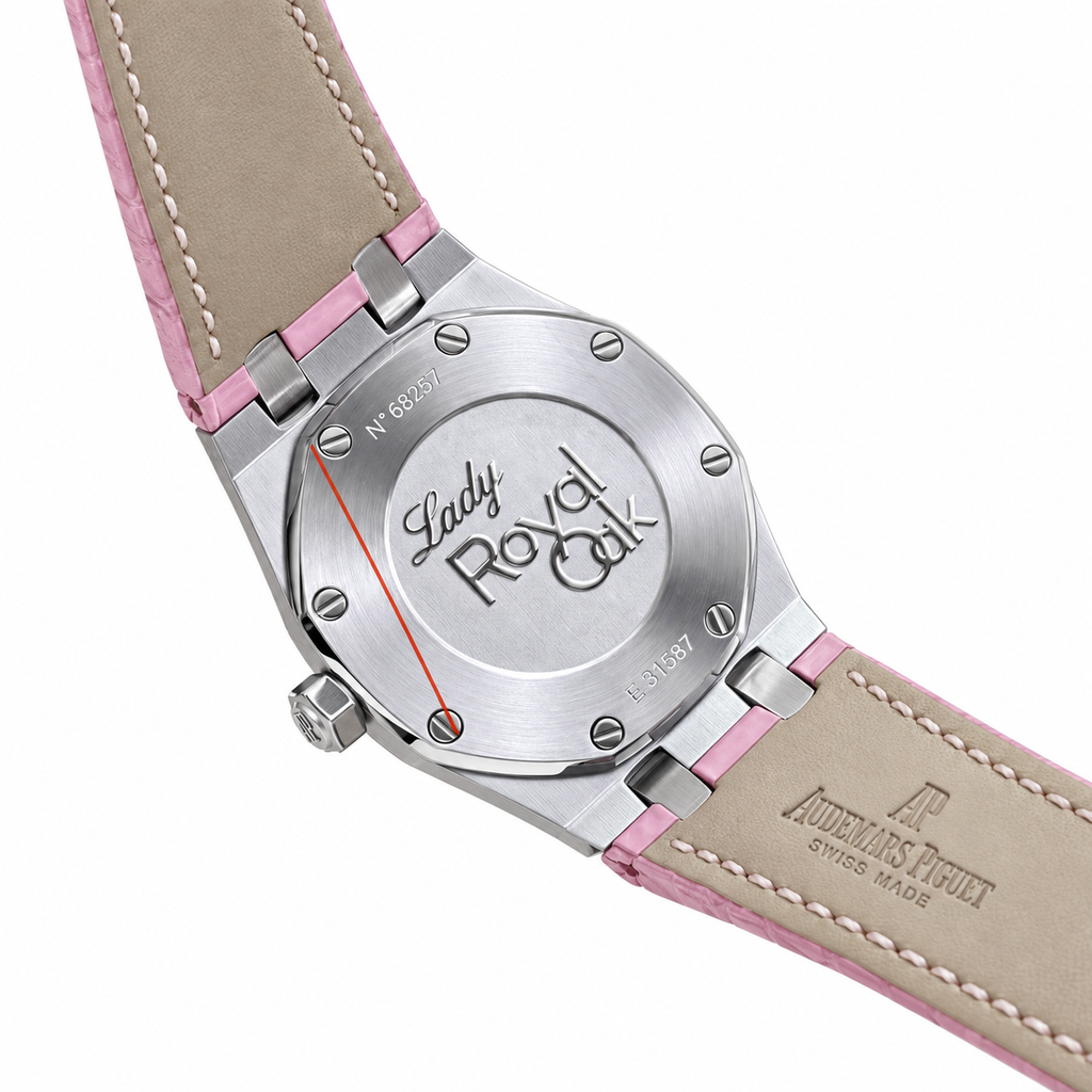 Audemars Piguet Royal Oak Ladies Diamond Bezel Pink Dial Leather Strap Roger Federer Edition