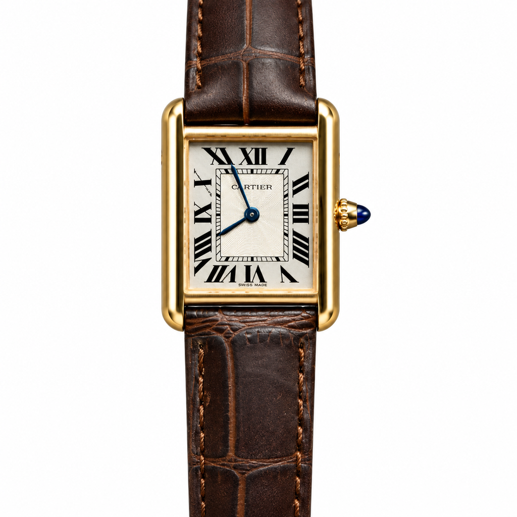 Cartier Tank Louis Cartier Small — 18K Yellow Gold, White Dial, Roman Numerals & Brown Alligator Strap, Women