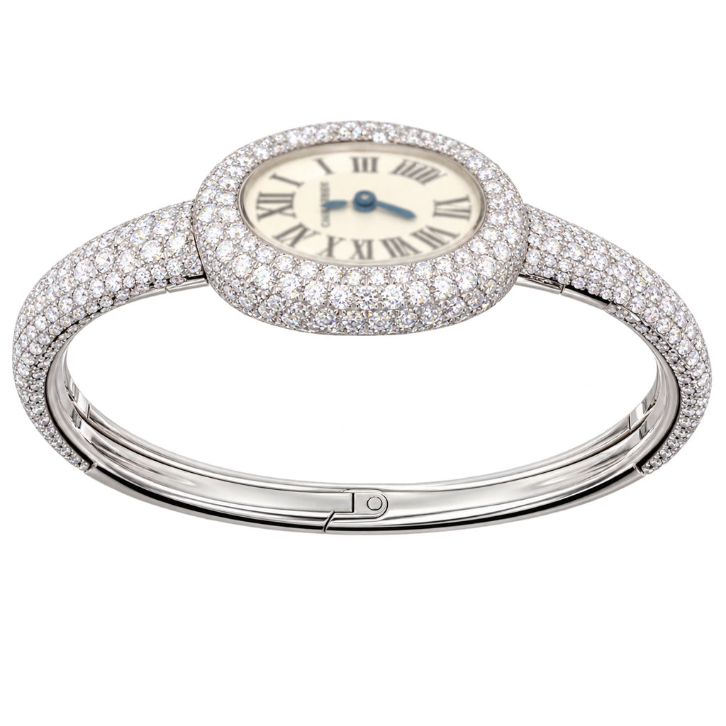 Cartier Baignoire — 18K White Gold, Full Diamond Bezel & Diamond Bangle, White Dial, Women