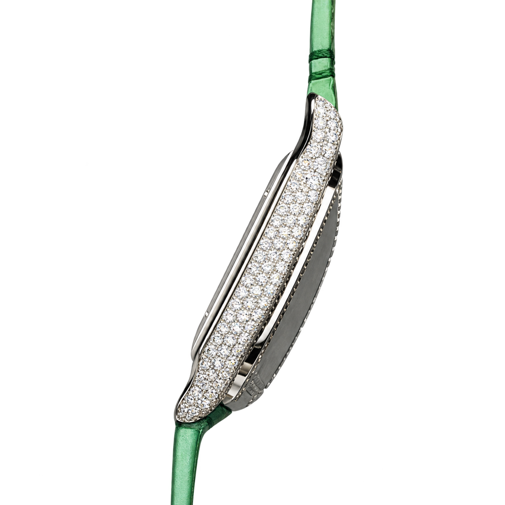 Cartier Santos de Cartier Automatic — 18K White Gold, Full Diamond Bezel, Green Arabic Dial & Green Alligator Strap