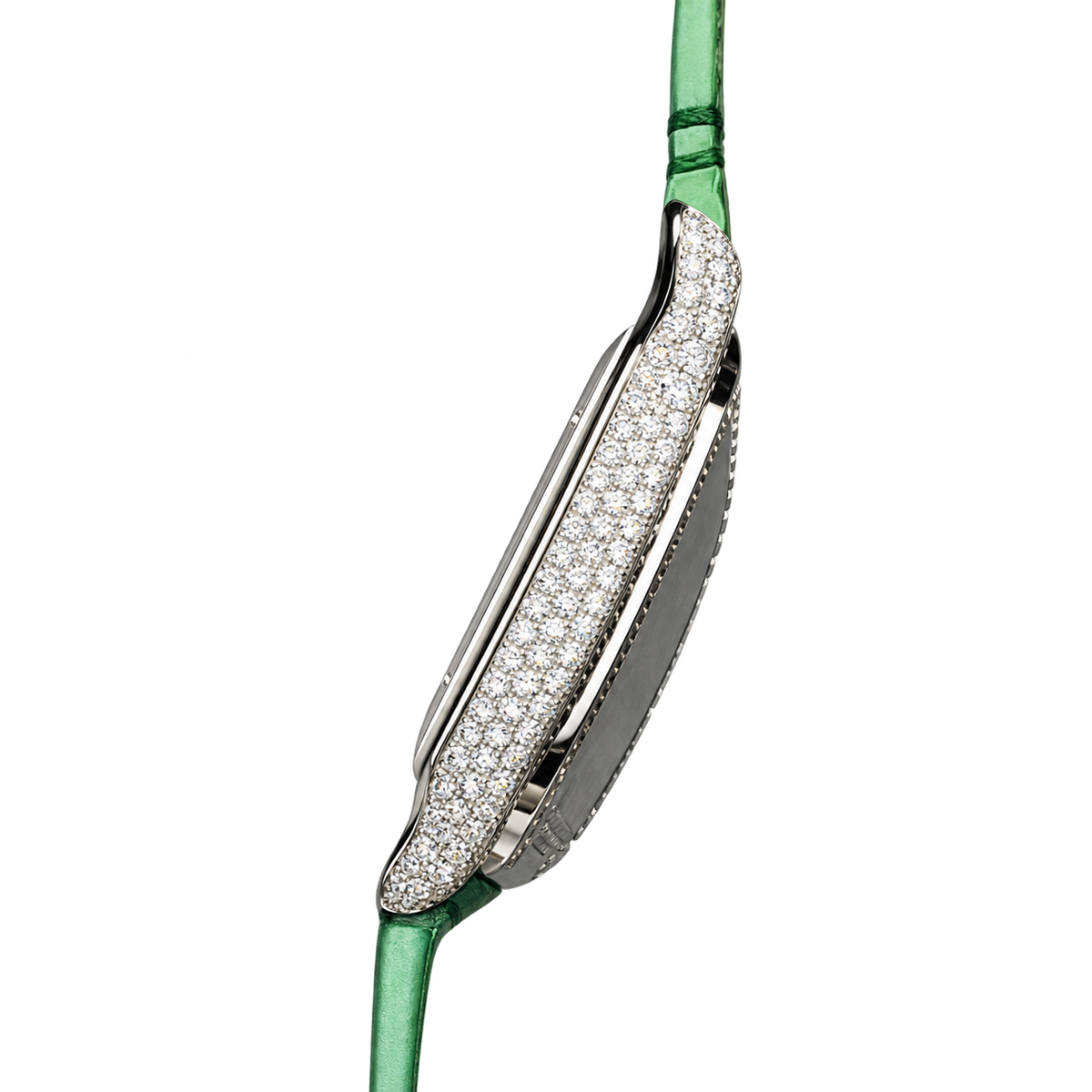 Cartier Santos de Cartier Automatic — 18K White Gold, Full Diamond Bezel, Green Arabic Dial & Green Alligator Strap