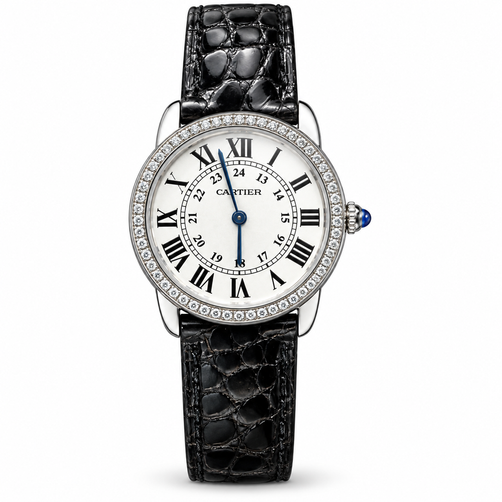 Cartier Ronde Louis Cartier — 18K White Gold, Diamond Bezel & Black Alligator Strap