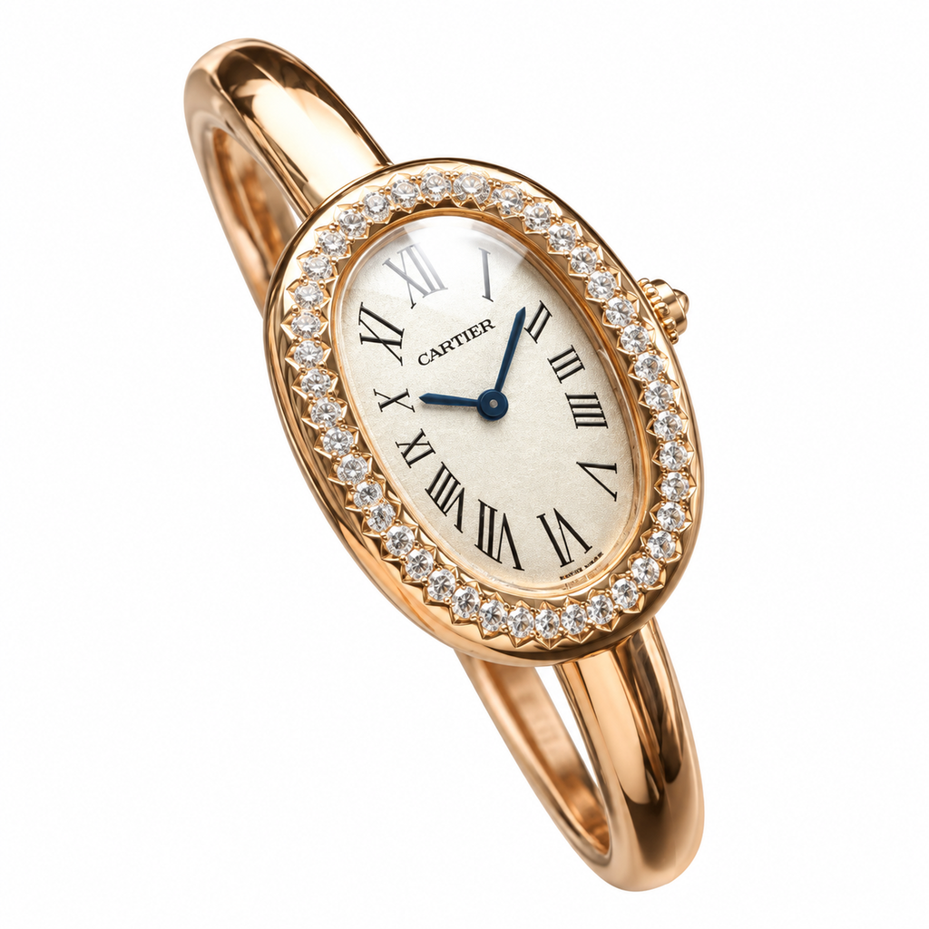 Cartier Baignoire — 18K Rose Gold, Diamond Bezel & Rose Gold Bangle