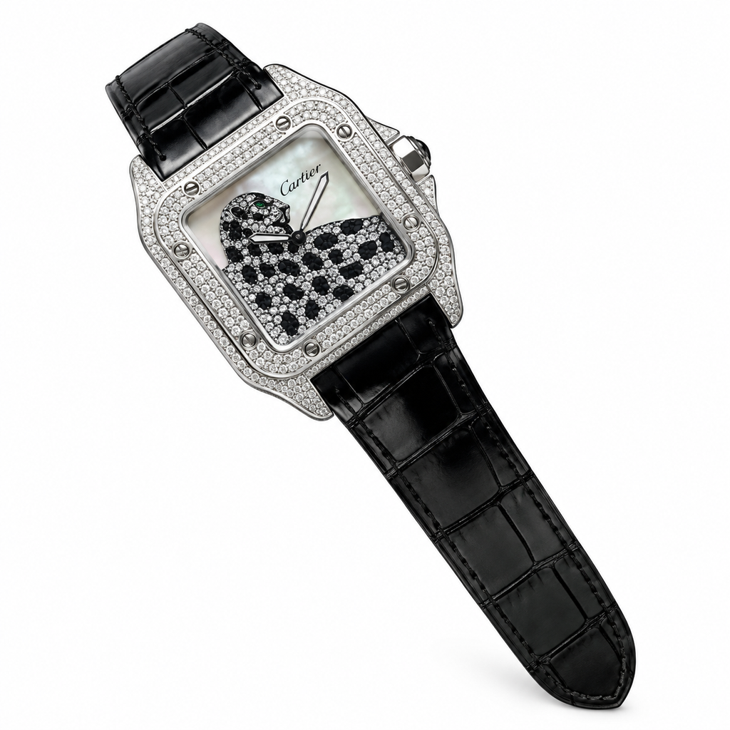Cartier Santos — 18K White Gold, Full Diamond Case, Panthère Dial, Mother-of-Pearl & Black Alligator Strap, Quartz