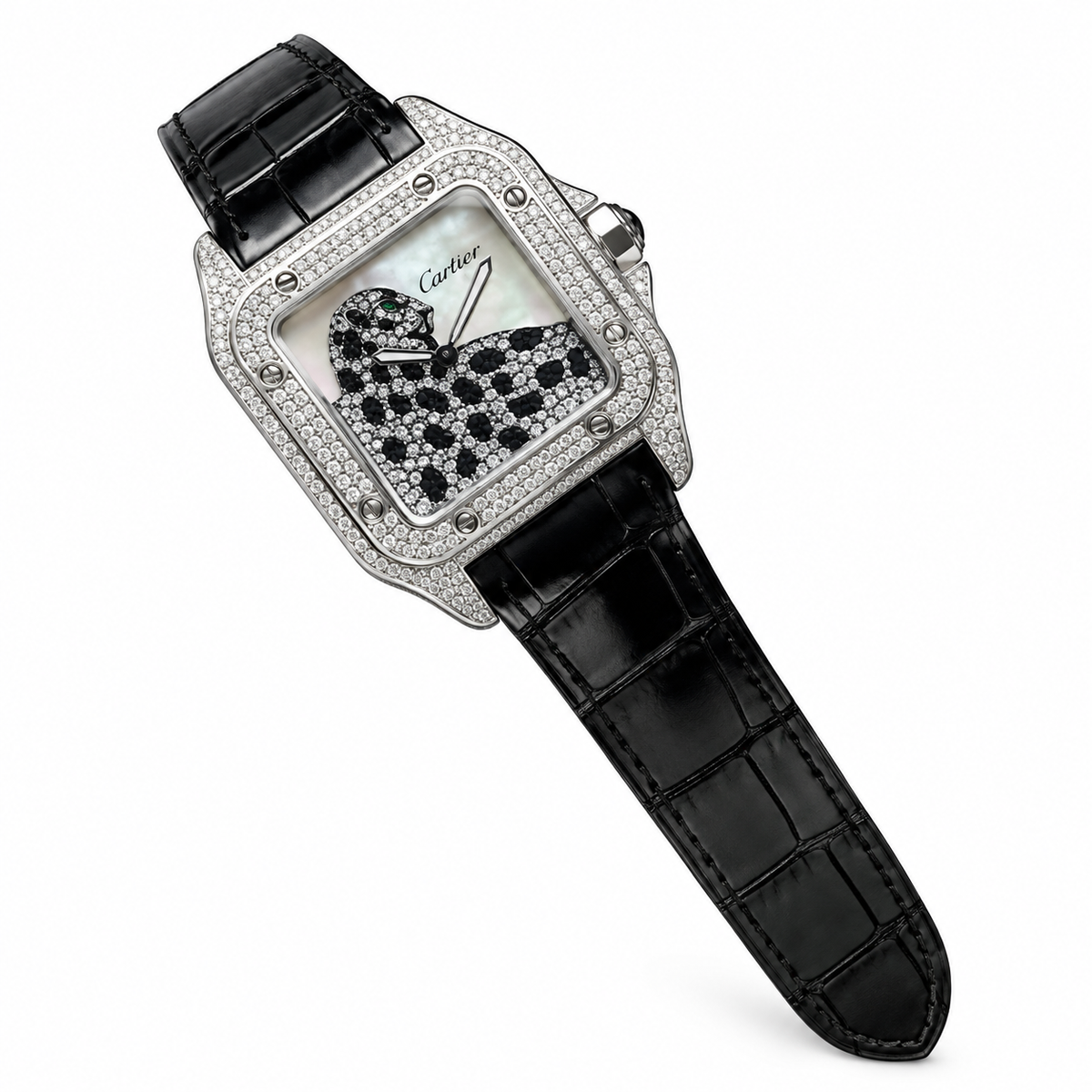 Cartier Santos — 18K White Gold, Full Diamond Case, Panthère Dial, Mother-of-Pearl & Black Alligator Strap, Quartz