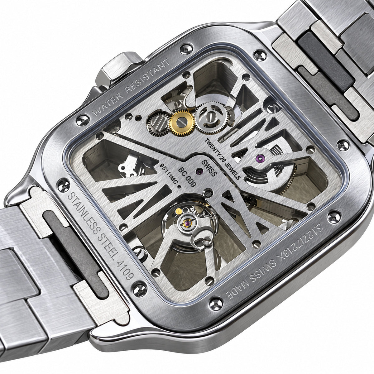 Cartier Santos Large Steel Skeleton Dial Blue Hands Automatic Bracelet Watch – KDY