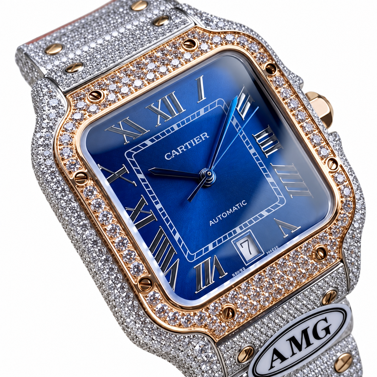 Cartier Santos Automatic — Iced Out Blue Dial, Rose Gold & Steel