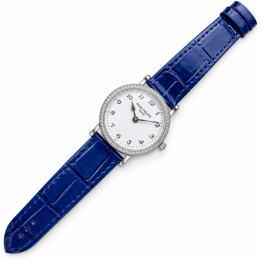 Patek Philippe Calatrava — 18K White Gold, Diamond Bezel & Blue Alligator Strap