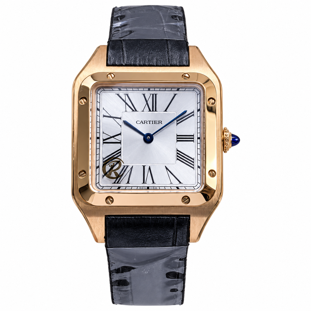 Cartier Santos-Dumont Large 18K Rose Gold Silver Opaline Dial Blued-Steel Hands Manual-Winding Black Alligator Strap Watch