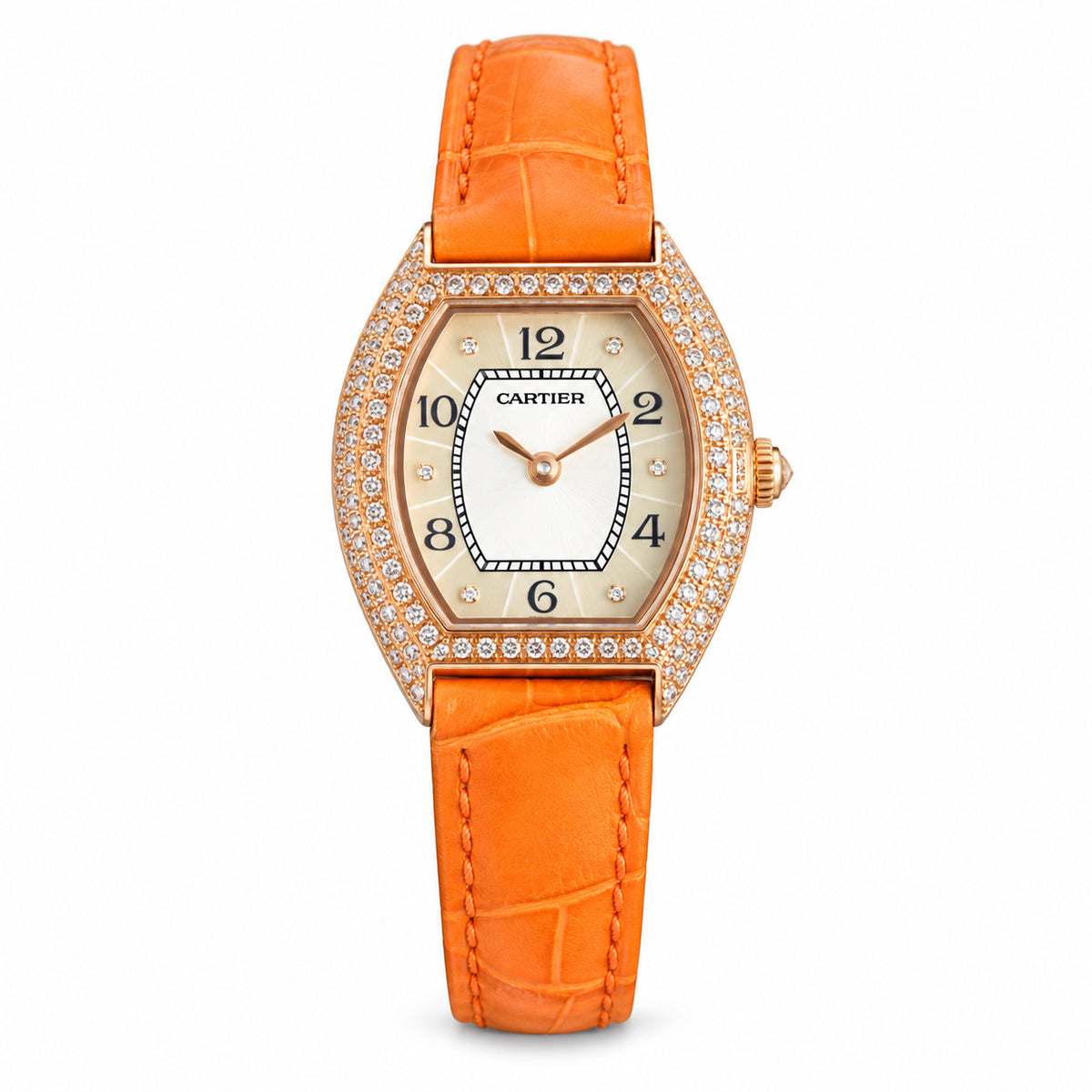 Cartier Tortue — Rose Gold Diamond Bezel & Orange Alligator Strap