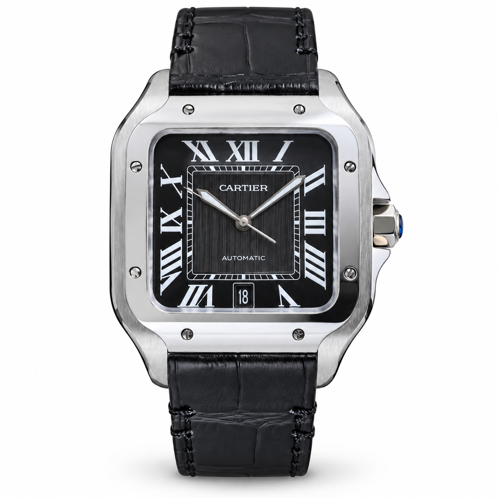 Cartier Santos Automatic Black Dial Black Leather Strap Watch
