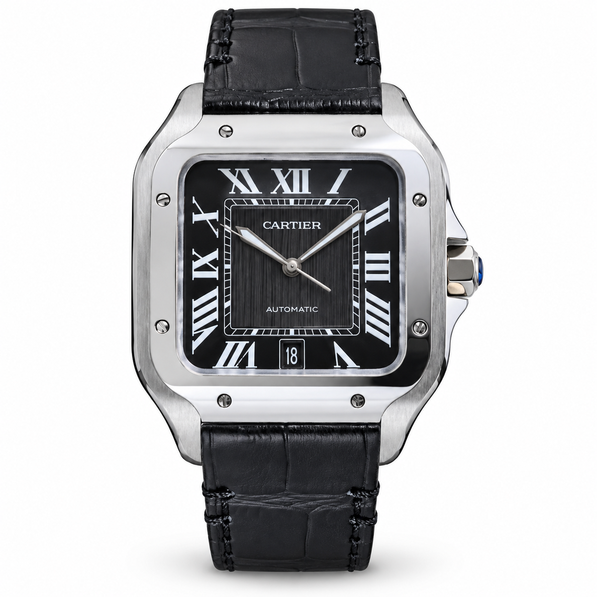 Cartier Santos Automatic Black Dial Black Leather Strap Watch