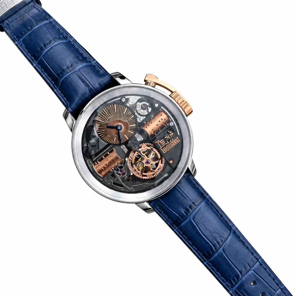 Louis Moinet Tourbillon Rose Gold Sunburst Skeleton Blue Leather Watch
