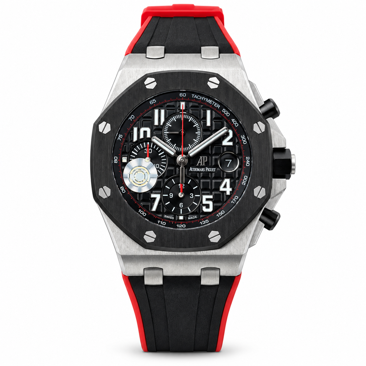 Audemars Piguet Royal Oak Offshore Chronograph Black Ceramic Bezel Red Seconds Mega Tapisserie Dial Black Red Rubber Strap 42mm Steel