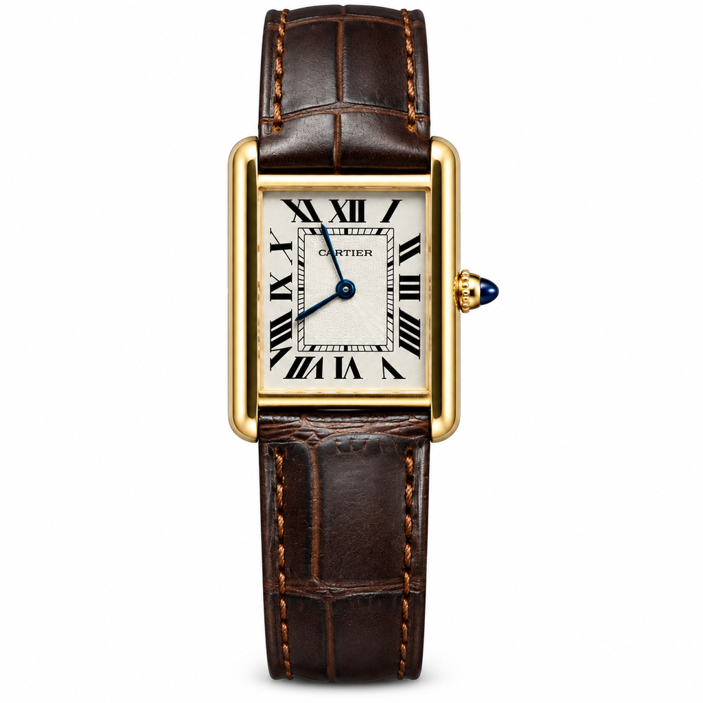 Cartier Tank Must Small 18K Yellow Gold Ivory Dial Dark Brown Alligator Strap Watch
