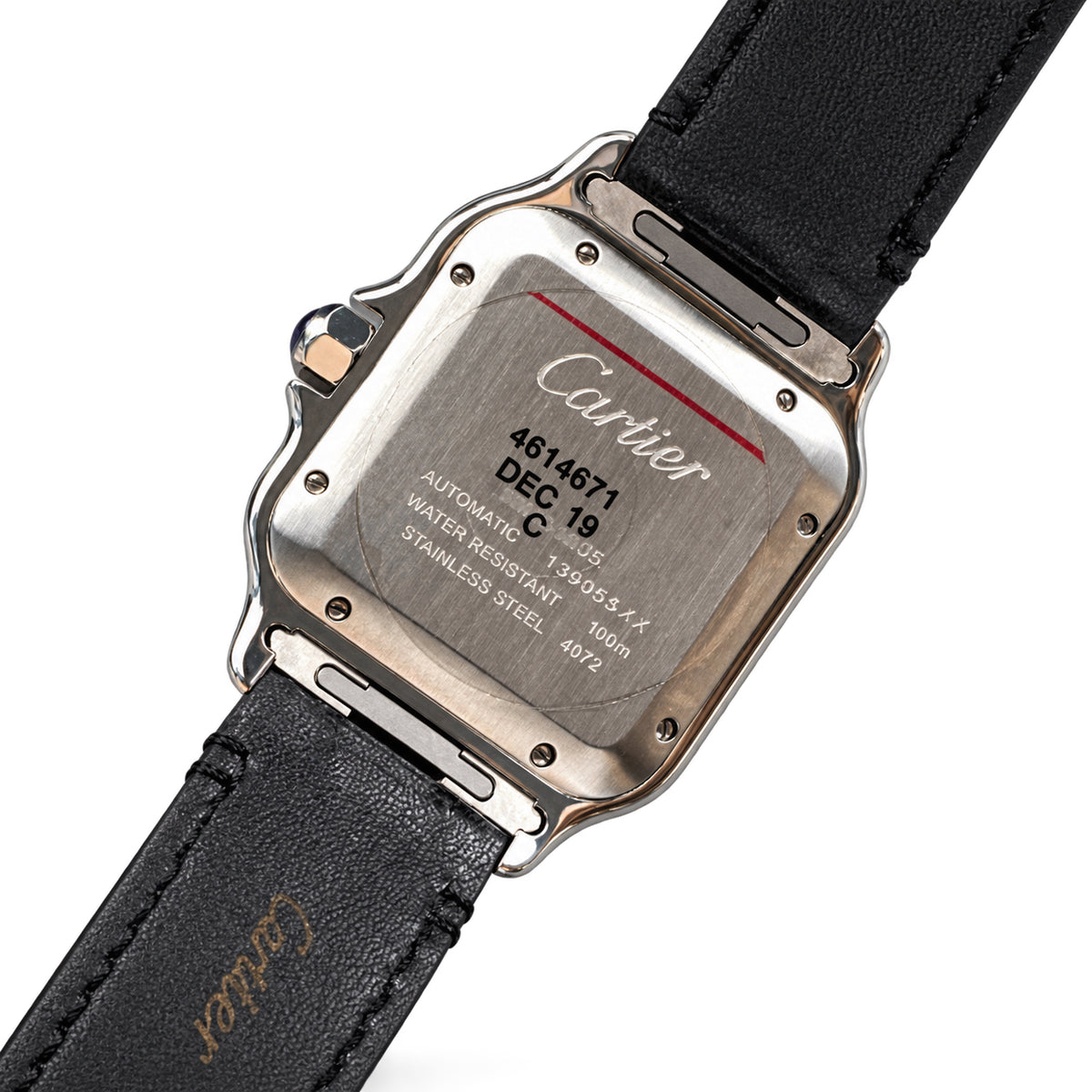 Cartier Santos Large — Steel & Black ADLC, Black Dial, Roman Numerals, Date & Black Alligator Strap, Automatic