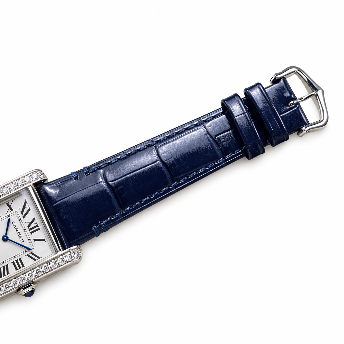 Cartier Tank Louis Small White Gold Diamond Lugs Silver Dial Navy Strap Watch – KDY