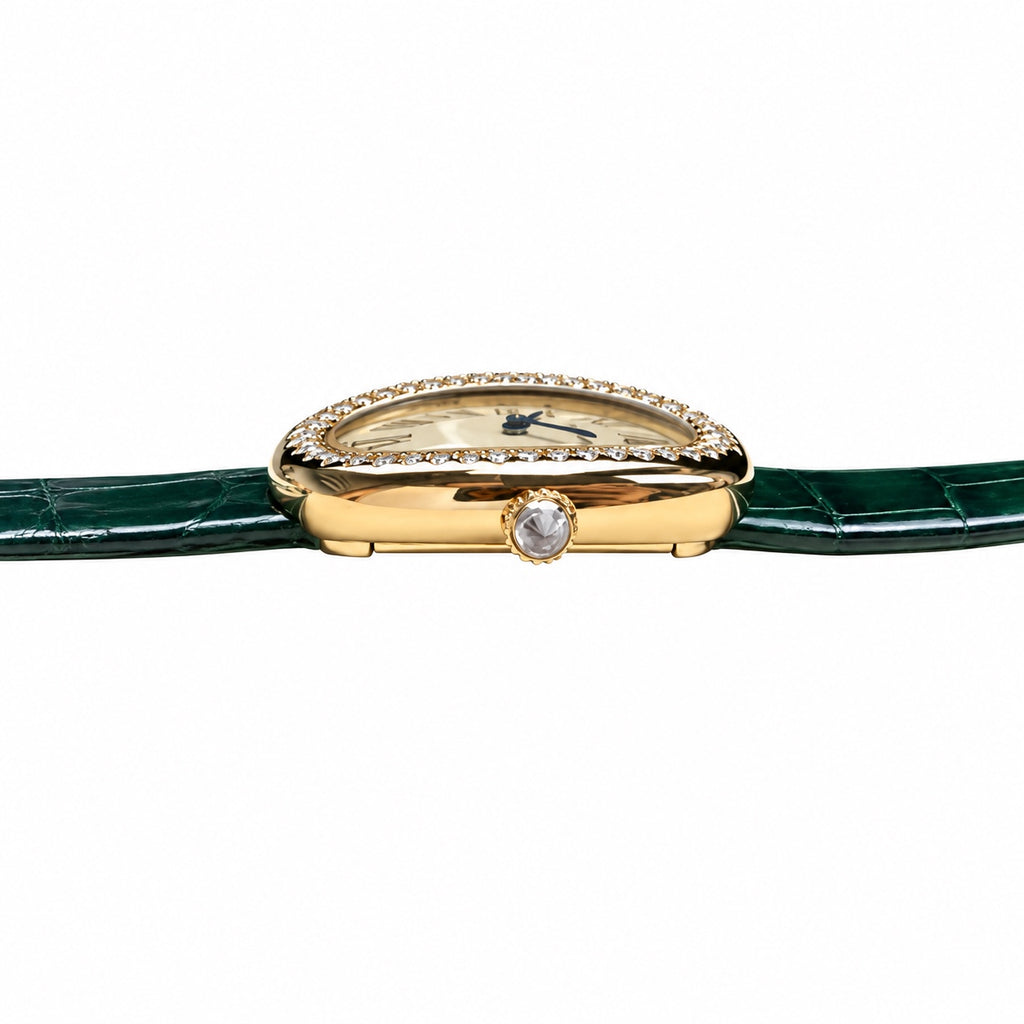 Cartier Baignoire Yellow Gold Diamond Bezel Ivory Dial Green Strap Watch – KDY