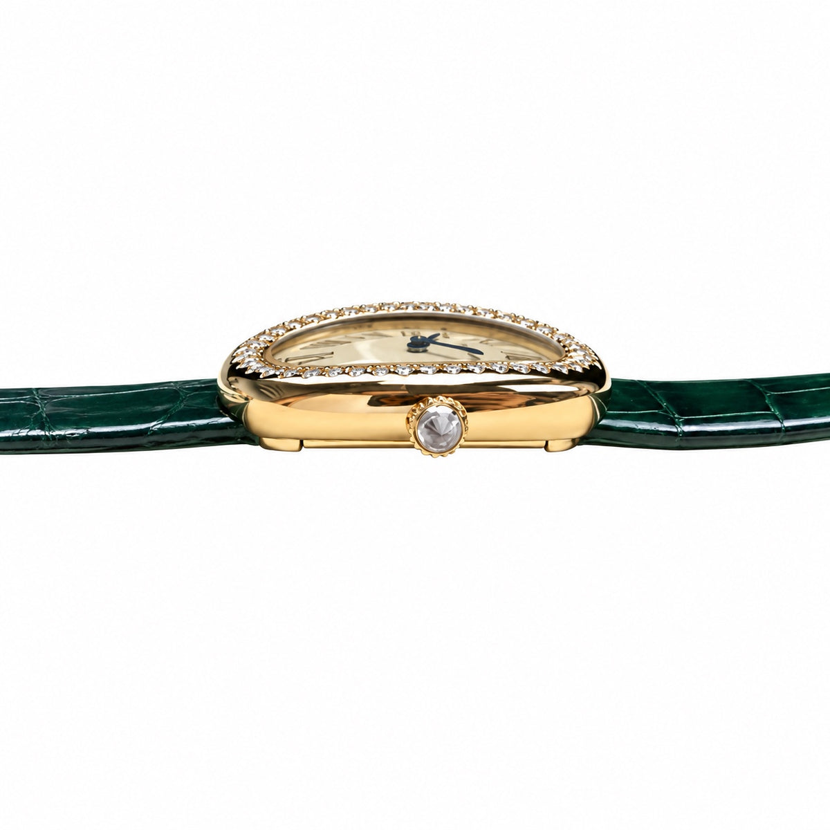 Cartier Baignoire Yellow Gold Diamond Bezel Ivory Dial Green Strap Watch – KDY