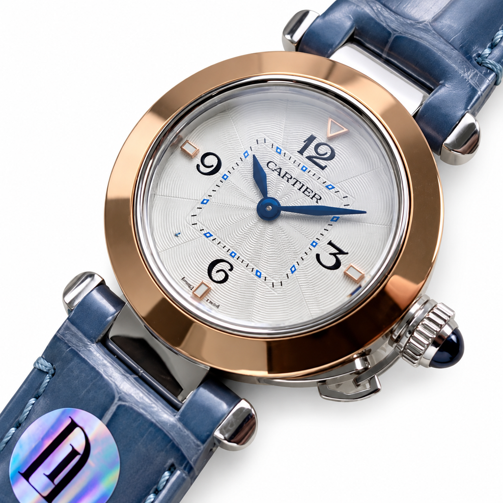 Cartier Pasha de Cartier — Rose Gold Bezel, White Dial & Blue Alligator Strap