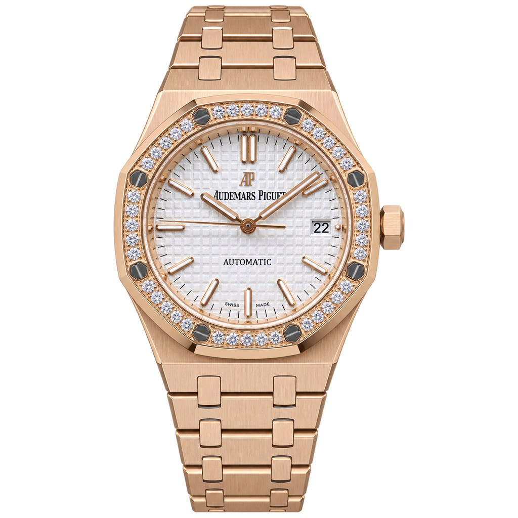 Audemars Piguet Royal Oak Selfwinding 37mm 18K Rose Gold Diamond Pave Bezel Black Hex Screws White Petite Tapisserie Dial Rose Gold Indexes Hands AP Monogram Automatic Date Integrated Bracelet Ladies