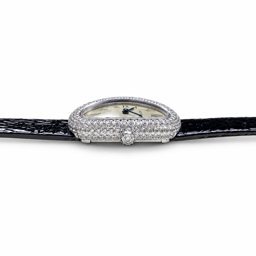Cartier Baignoire Mini — 18K White Gold, Diamond Bezel, White Dial & Black Glitter Strap, Women