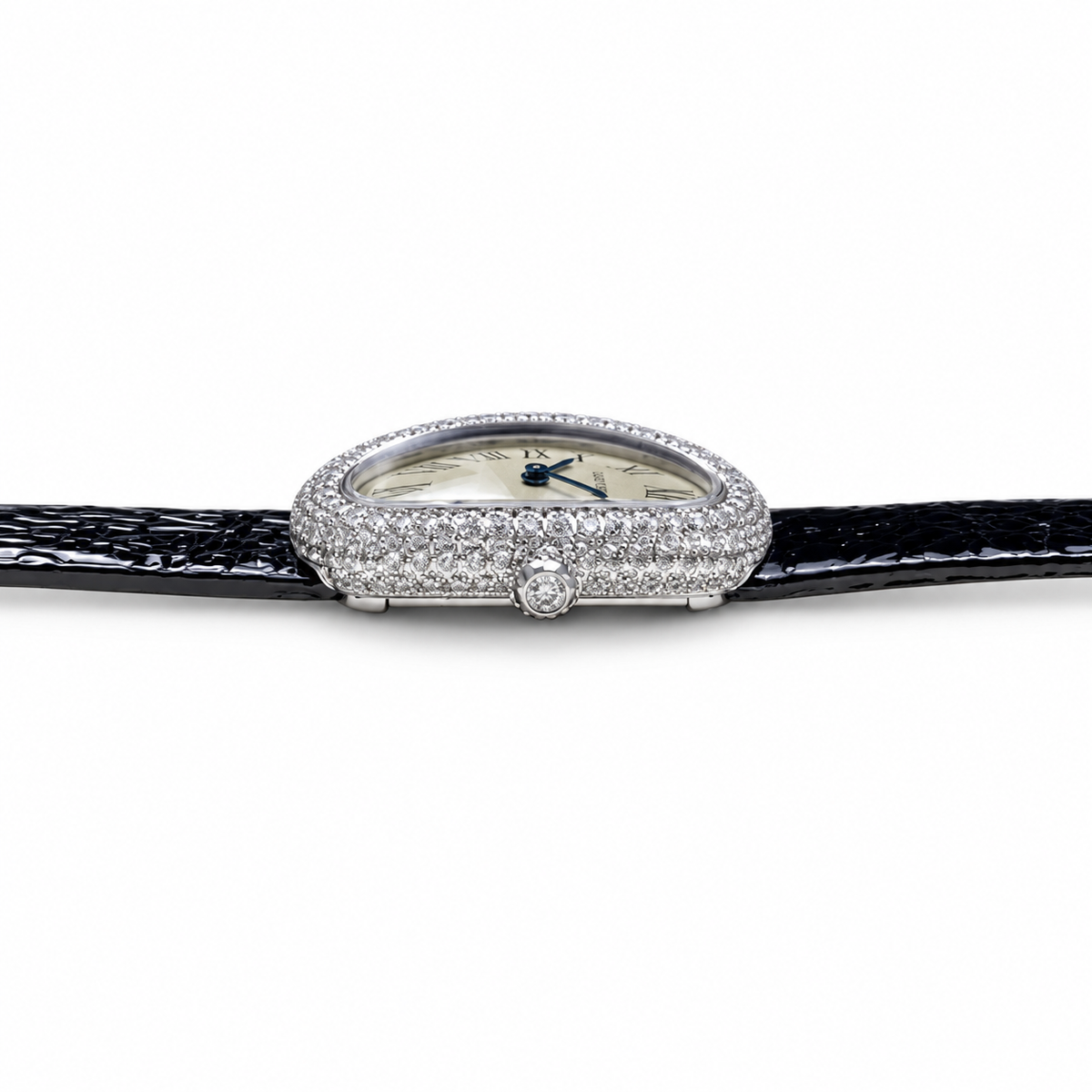 Cartier Baignoire Mini — 18K White Gold, Diamond Bezel, White Dial & Black Glitter Strap, Women