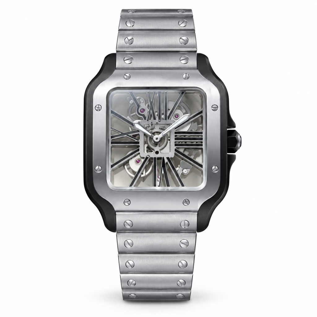 Cartier Santos de Cartier Skeleton — Steel & Black ADLC Bezel, Steel Bracelet