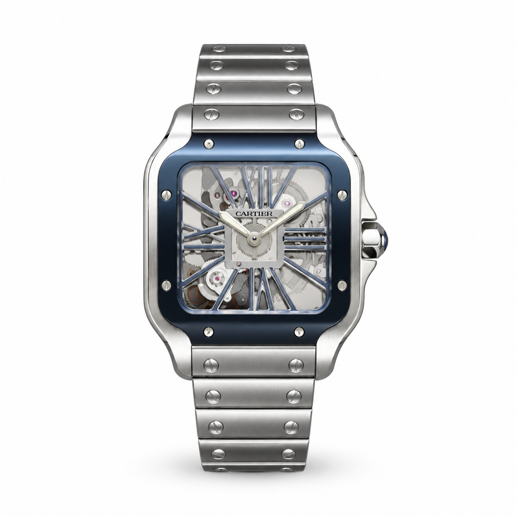 Cartier Santos de Cartier Skeleton Automatic — Steel, Blue ADLC Bezel & Steel Bracelet, Large