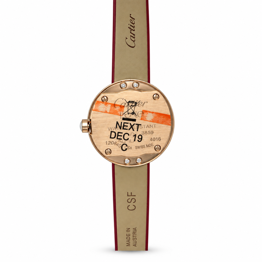 Cartier Love Watch Small — 18K Yellow Gold, 4 Diamonds, Silver Dial & Red Lacquer Strap, Women