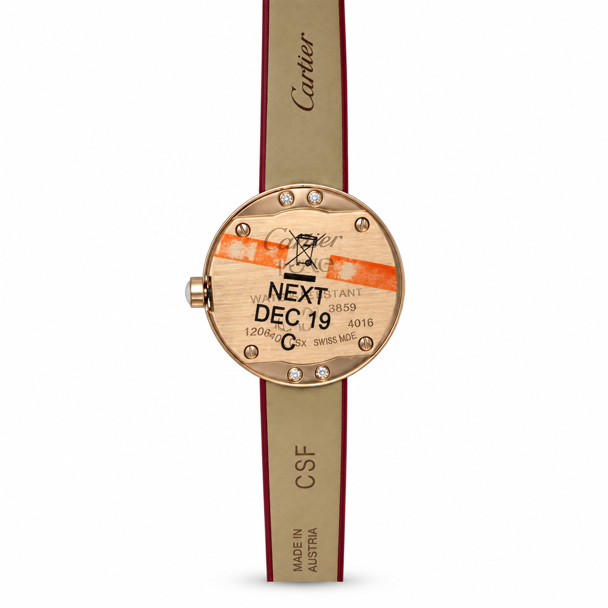 Cartier Love Watch Small — 18K Yellow Gold, 4 Diamonds, Silver Dial & Red Lacquer Strap, Women