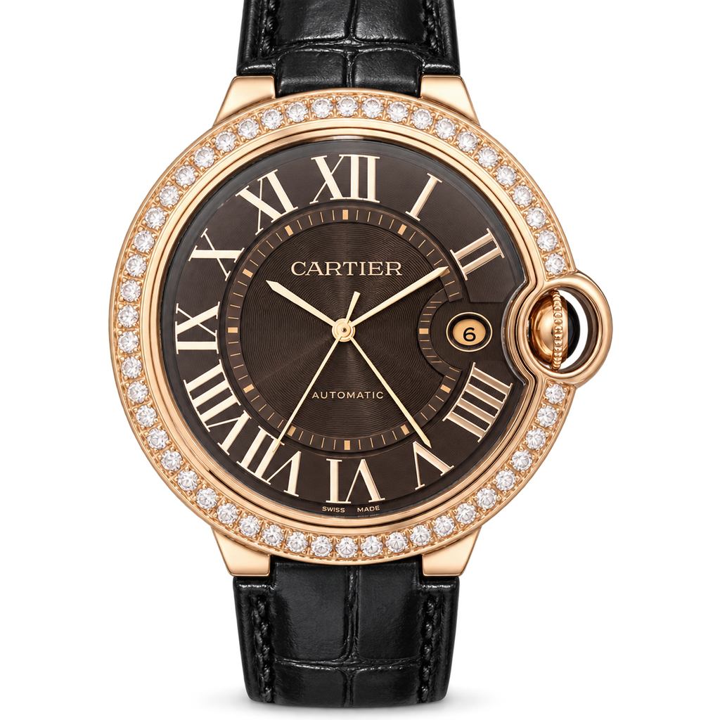 Cartier Ballon Bleu 18K Rose Gold Diamond Bezel Chocolate Brown Dial Automatic Black Alligator Strap Watch 42mm