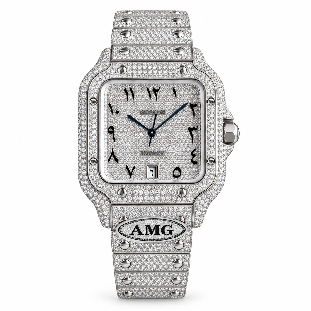 Cartier Santos de Cartier Large — Steel, Full Iced-Out Diamonds, Arabic Numeral Pavé Dial, Date & Diamond Bracelet, Automatic