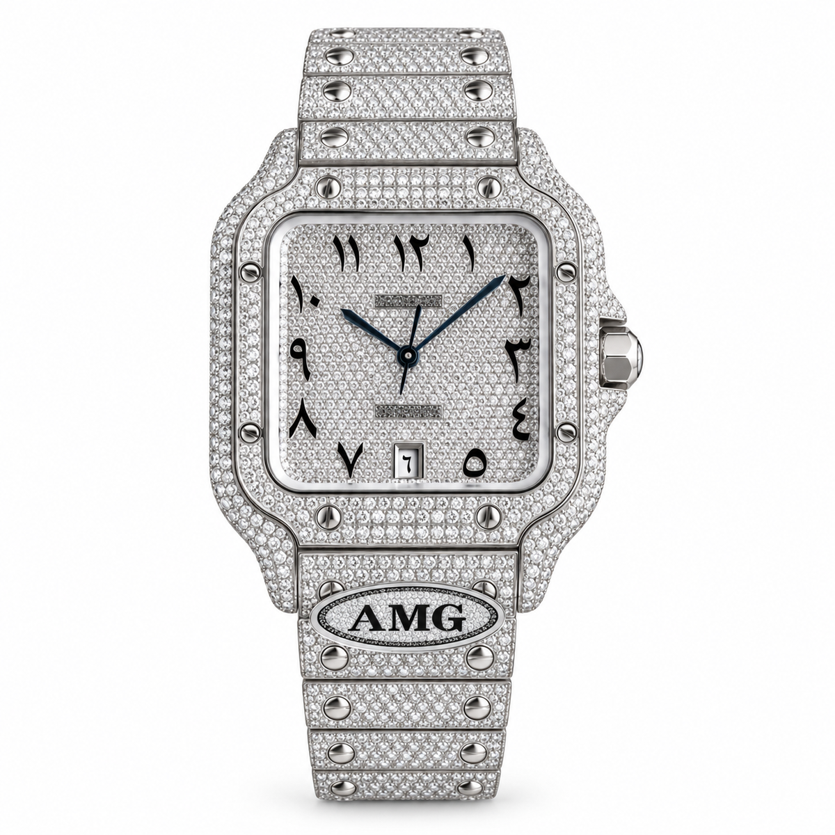 Cartier Santos de Cartier Large — Steel, Full Iced-Out Diamonds, Arabic Numeral Pavé Dial, Date & Diamond Bracelet, Automatic