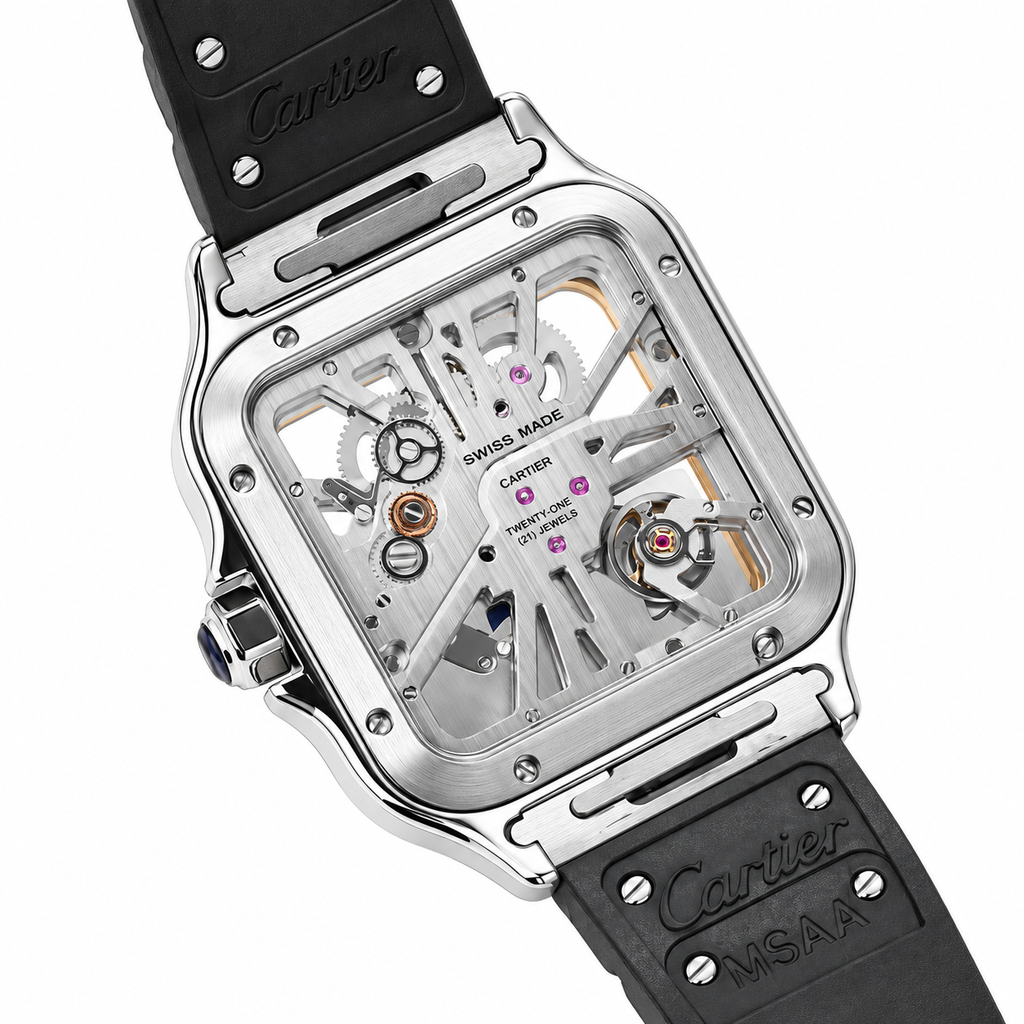 Cartier Santos de Cartier Skeleton Automatic — Steel & Black ADLC Bezel, Skeleton Dial & Black Rubber Strap, Large