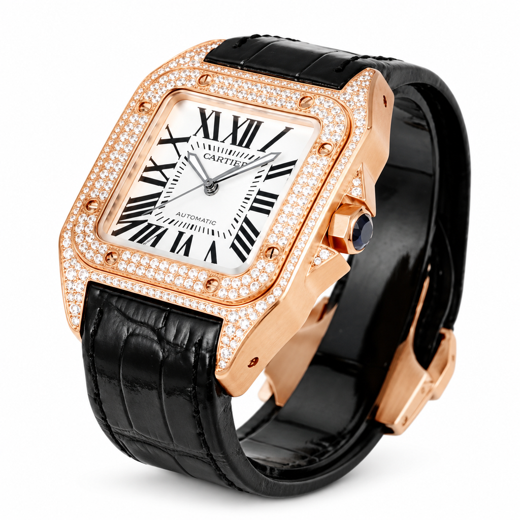Cartier Santos de Cartier Automatic — 18K Rose Gold, Full Diamond Bezel & Black Strap