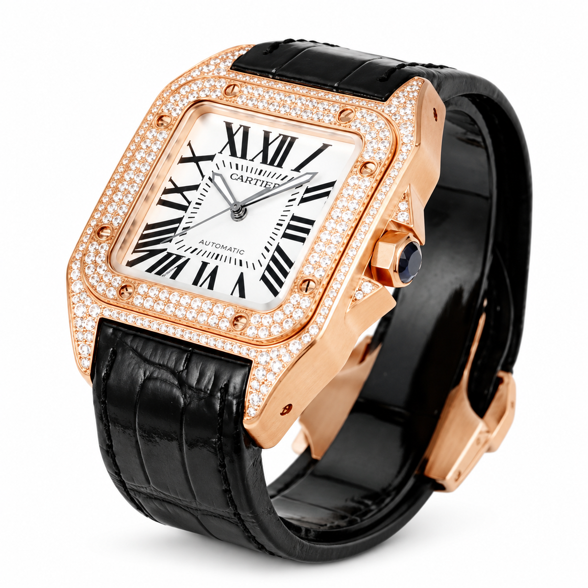 Cartier Santos de Cartier Automatic — 18K Rose Gold, Full Diamond Bezel & Black Strap