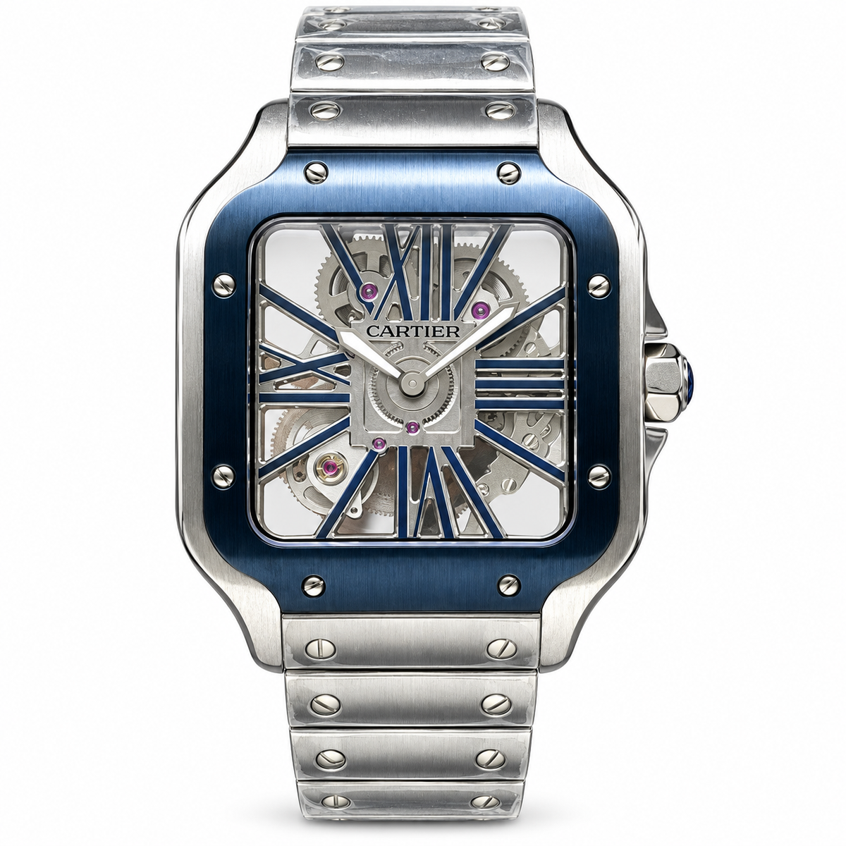 Cartier Santos Skeleton Blue ADLC Bezel Steel Bracelet Watch – KDY