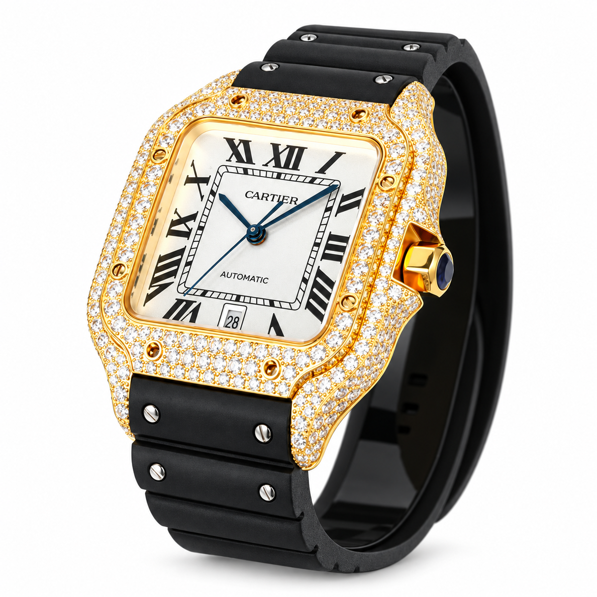 Cartier Santos de Cartier Automatic — 18K Yellow Gold, Full Diamond Bezel & Black Rubber Strap, Large