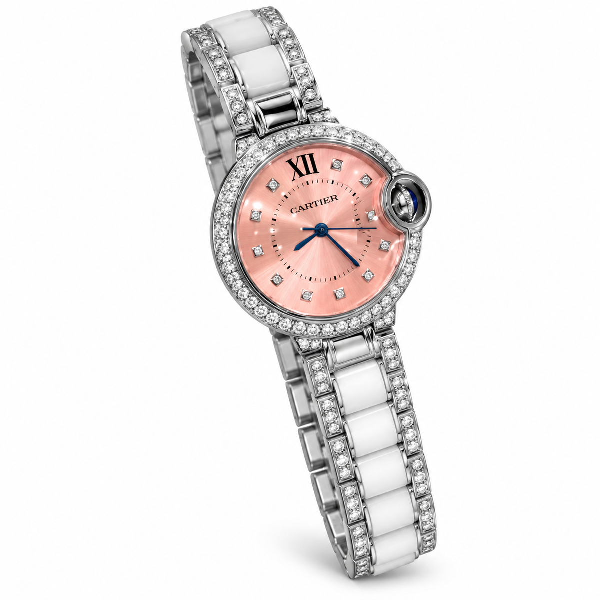 Cartier Ballon Bleu de Cartier — Diamond Bezel, Pink Dial & White Ceramic Bracelet