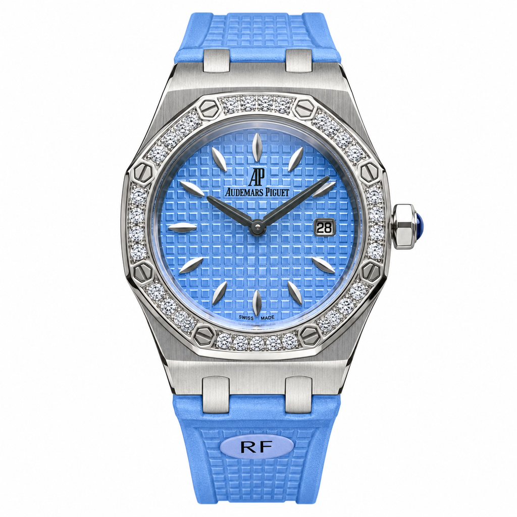 Audemars Piguet Royal Oak Ladies Diamond Bezel Sky Blue Dial Rubber Strap Roger Federer Edition