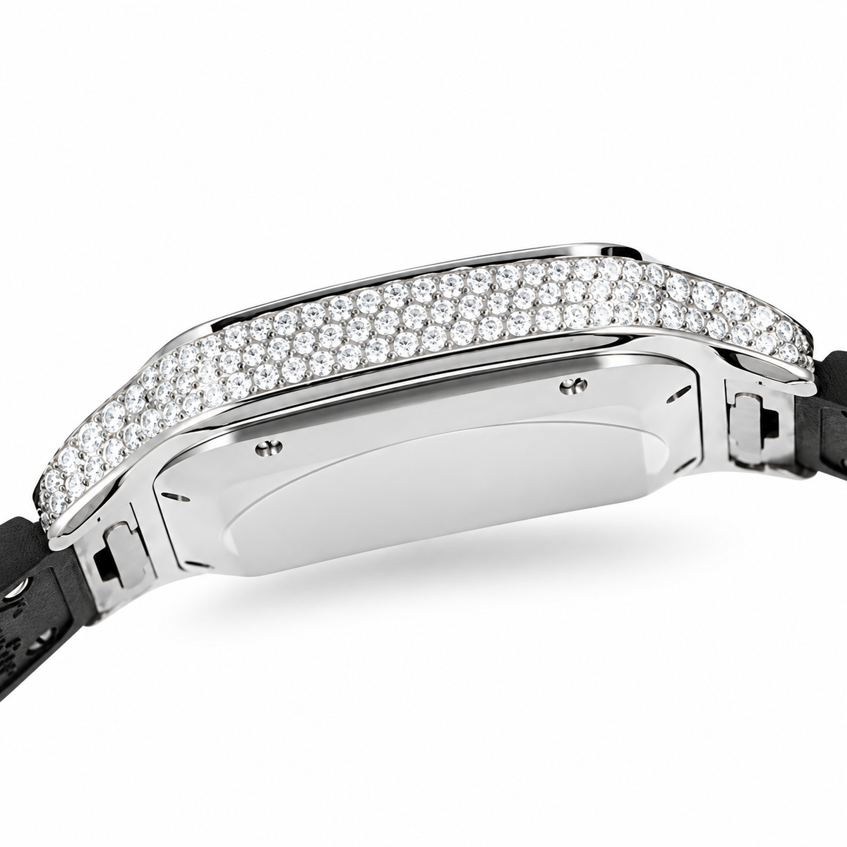 Cartier Santos Large — Steel, Full Diamond Bezel & Lugs, Black Dial, Arabic Calligraphy, Date & Black Rubber Strap, Automatic