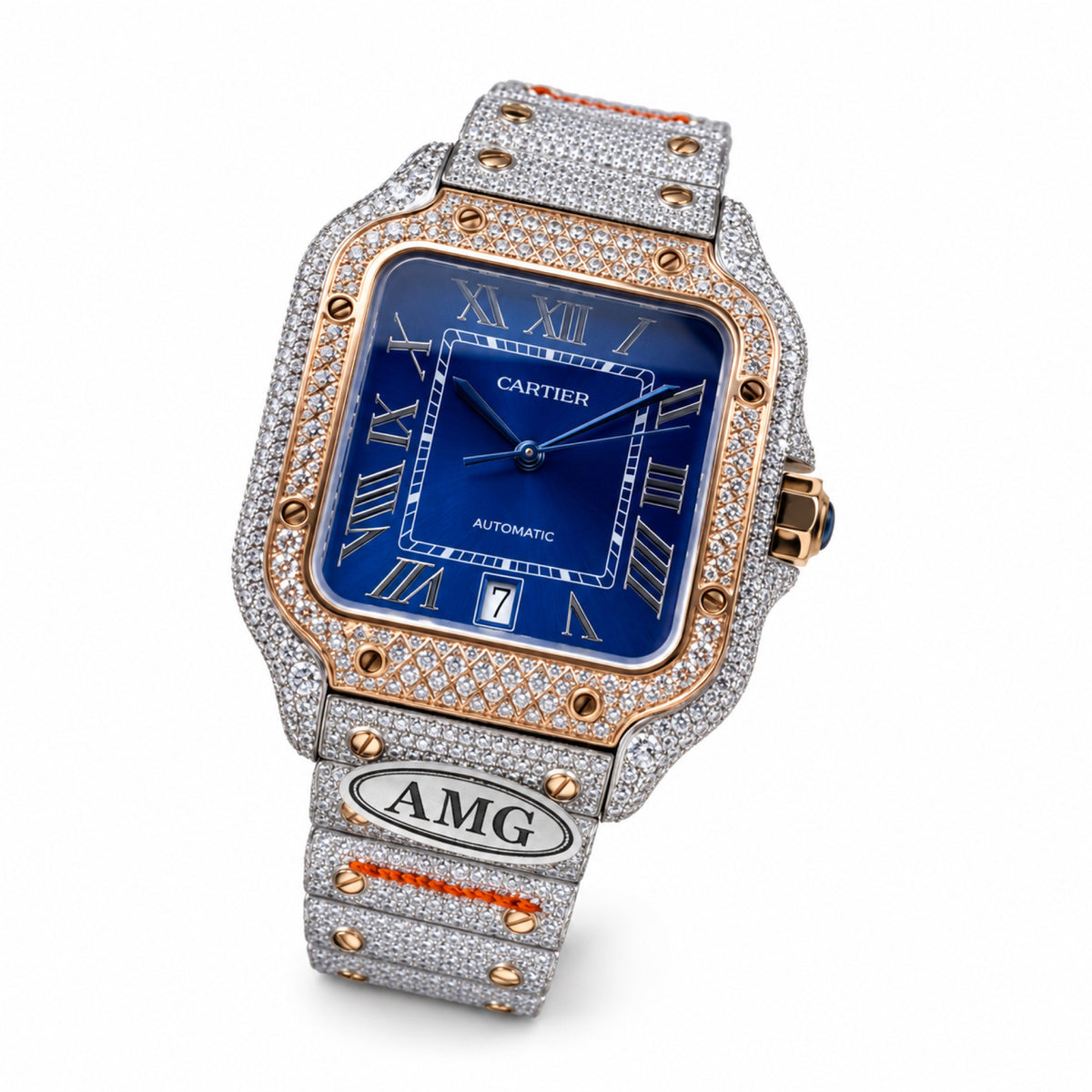 Cartier Santos de Cartier Large — Steel & Rose Gold, Full Iced-Out Diamonds, Blue Dial, Date & Diamond Bracelet, Automatic