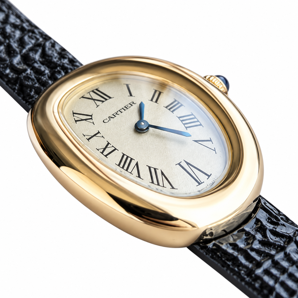Cartier Baignoire Vintage — 18K Yellow Gold, Cream Dial, Roman Numerals & Black Leather Strap, Women