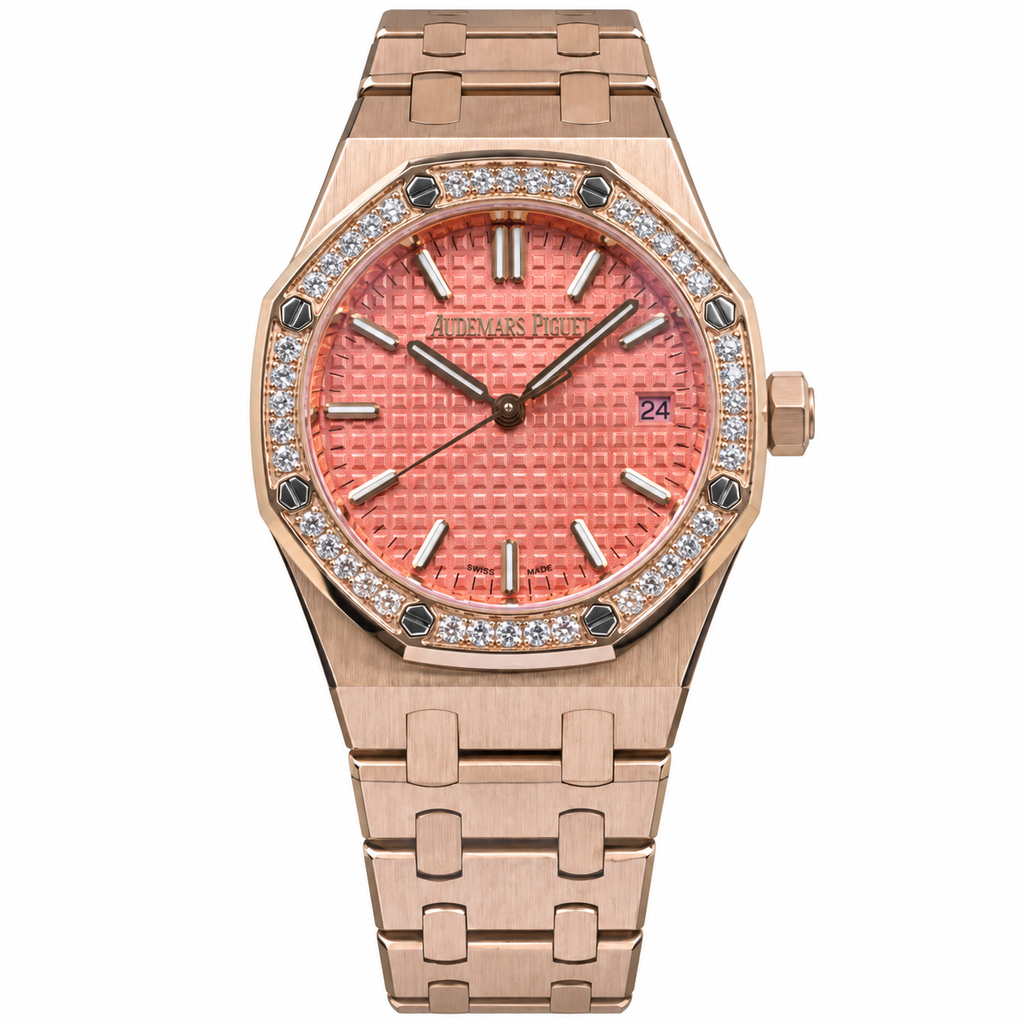 Audemars Piguet Royal Oak Lady 18k Rose Gold Salmon Pink Grande Tapisserie Dial Diamond Bezel Bracelet 34mm