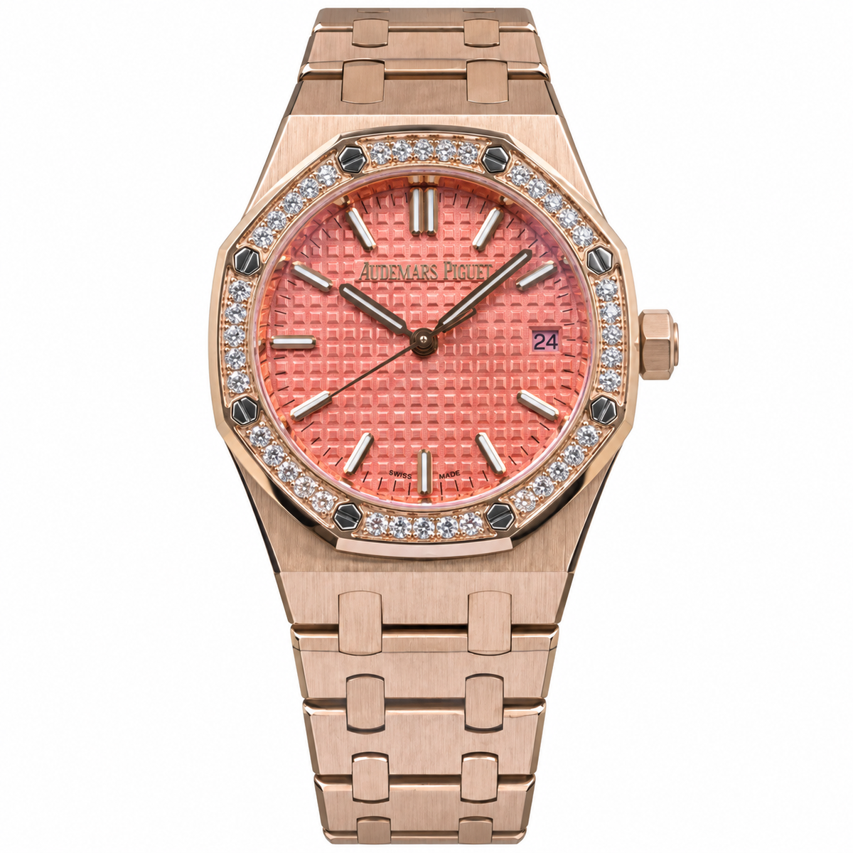Audemars Piguet Royal Oak Lady 18k Rose Gold Salmon Pink Grande Tapisserie Dial Diamond Bezel Bracelet 34mm