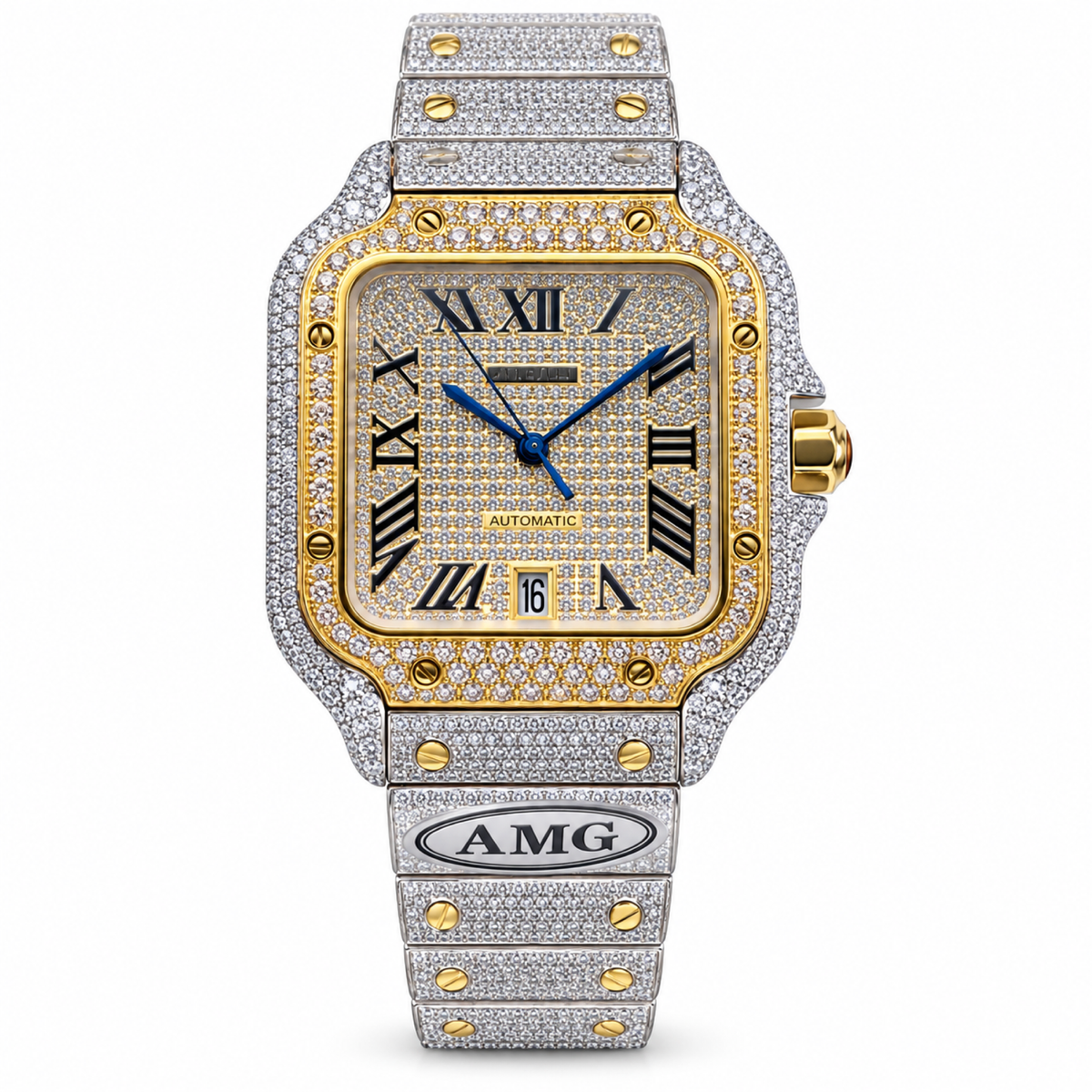 Cartier Santos Iced Out Full Diamond Pavé Two-Tone Gold Steel Watch