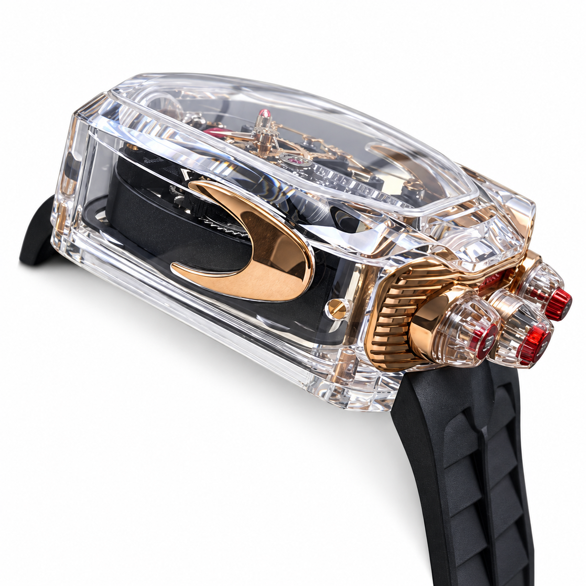 Jacob & Co. x Bugatti Chiron Clear Sapphire Rose Gold Tourbillon Black Rubber Watch